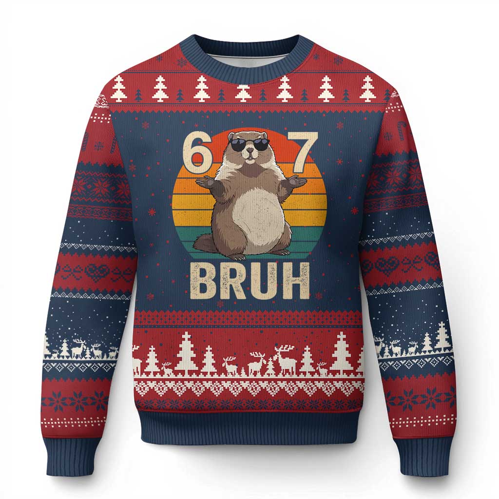 Funny Groundhog 67 Ugly Christmas Sweater Six Seven Bruh Retro Vintage Woodchuck Day - Wonder Print Shop