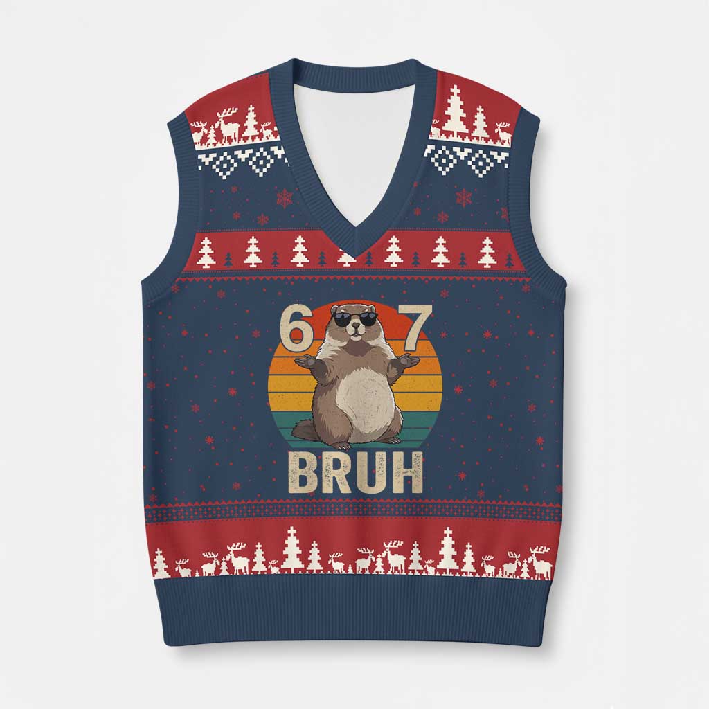 Funny Groundhog 67 V-Neck Knit Sweater Vest Six Seven Bruh Retro Vintage Woodchuck Day - Wonder Print Shop