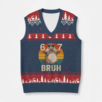 Funny Groundhog 67 V-Neck Knit Sweater Vest Six Seven Bruh Retro Vintage Woodchuck Day - Wonder Print Shop