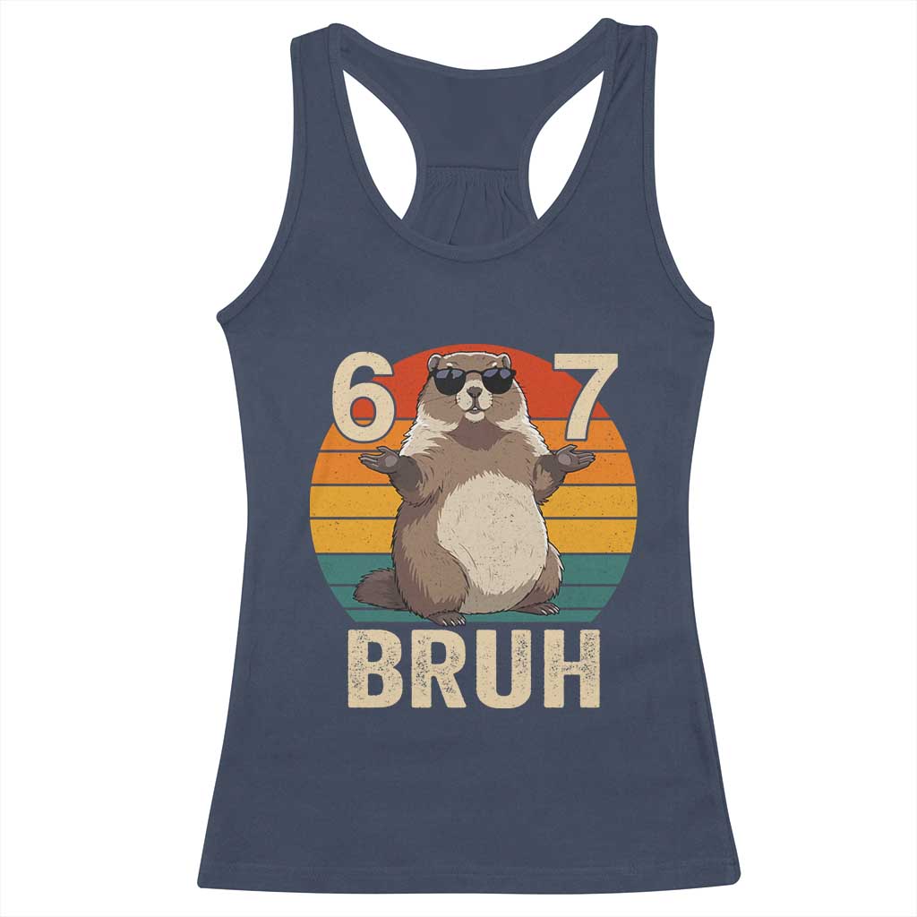 Funny Groundhog 67 Racerback Tank Top Six Seven Bruh Retro Vintage Woodchuck Day - Wonder Print Shop