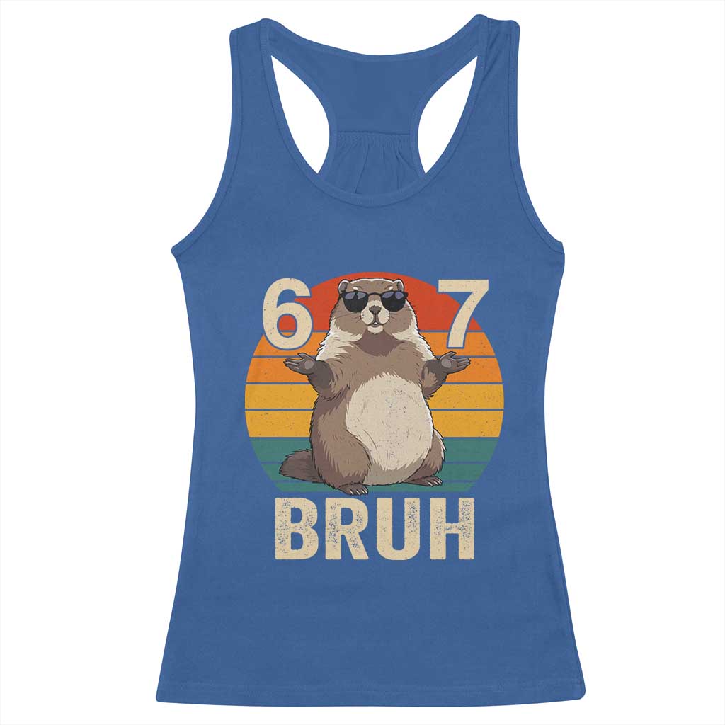 Funny Groundhog 67 Racerback Tank Top Six Seven Bruh Retro Vintage Woodchuck Day - Wonder Print Shop