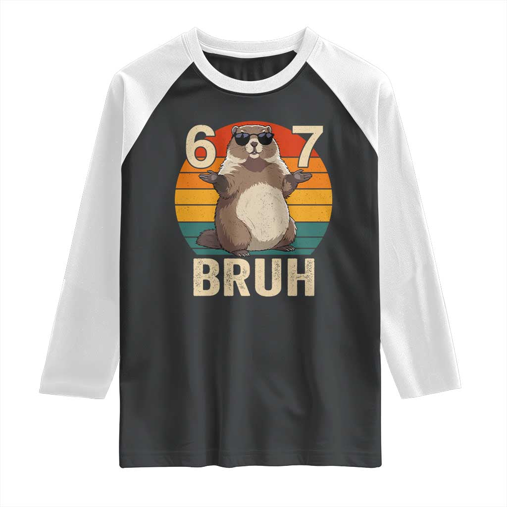 Funny Groundhog 67 Raglan Shirt Six Seven Bruh Retro Vintage Woodchuck Day - Wonder Print Shop