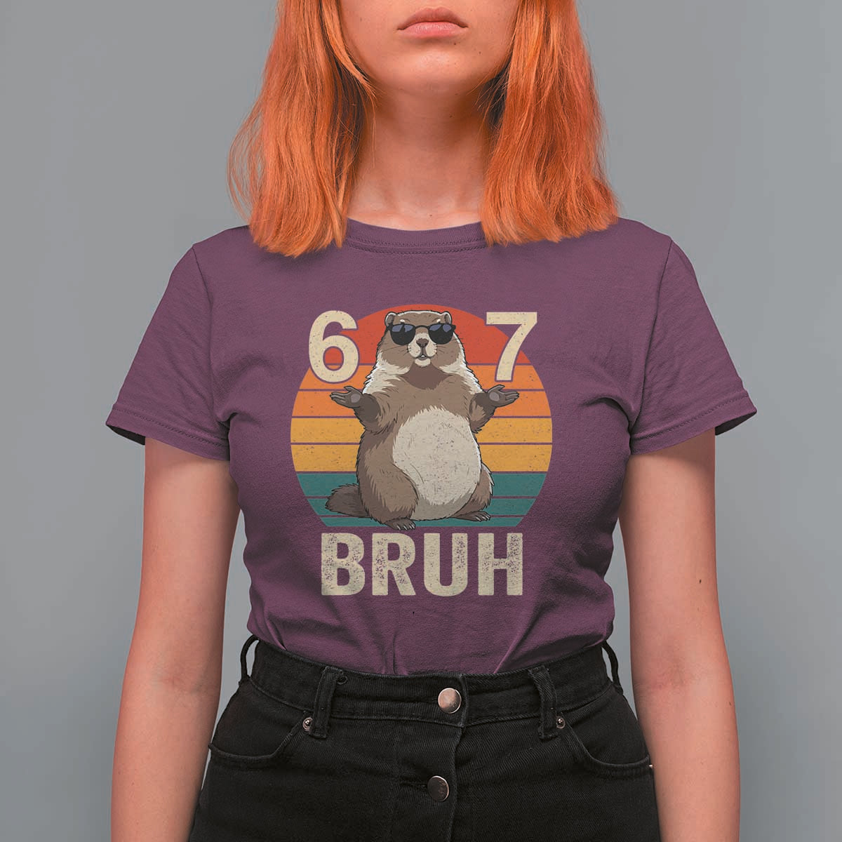 Funny Groundhog 67 T Shirt For Women Six Seven Bruh Retro Vintage Woodchuck Day - Wonder Print Shop
