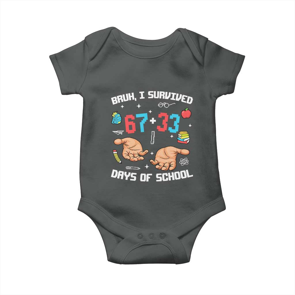 Bruh I Survived 67 33 Days Of School Baby Onesie Funny 100th Days of School Pixel 67 Hands