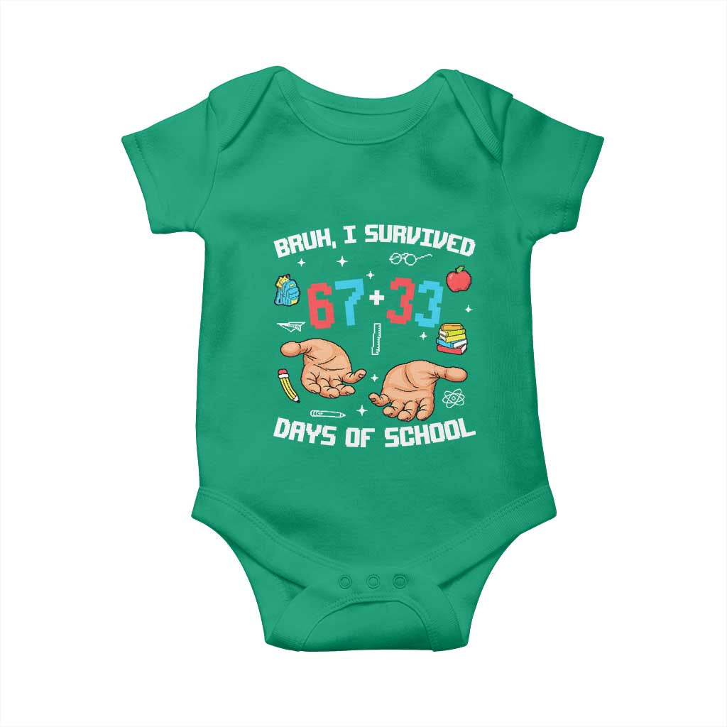 Bruh I Survived 67 33 Days Of School Baby Onesie Funny 100th Days of School Pixel 67 Hands