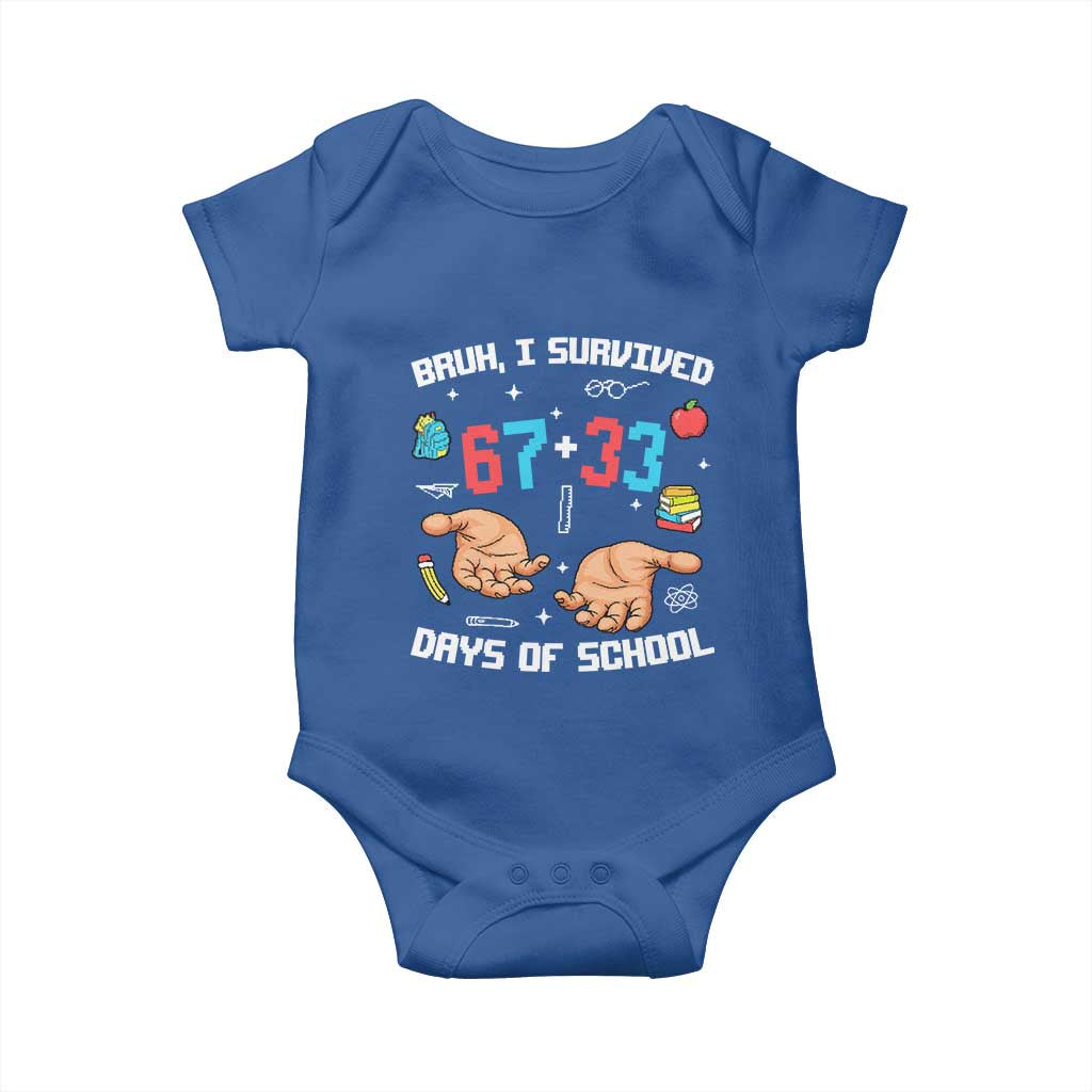 Bruh I Survived 67 33 Days Of School Baby Onesie Funny 100th Days of School Pixel 67 Hands