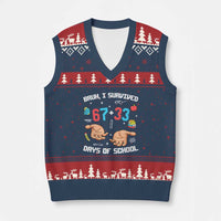 Bruh I Survived 67 33 Days Of School V-Neck Knit Sweater Vest Funny 100th Days of School Pixel 67 Hands