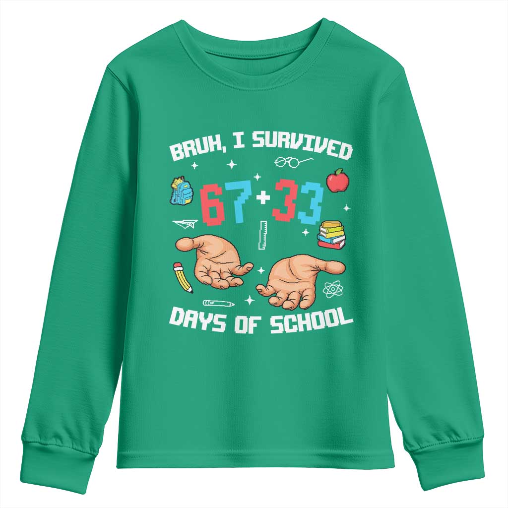 Bruh I Survived 67 33 Days Of School Youth Sweatshirt Funny 100th Days of School Pixel 67 Hands
