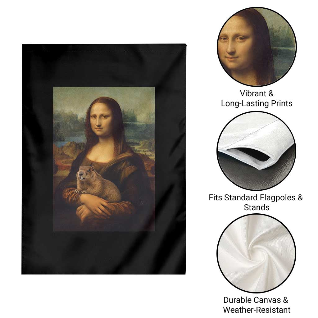 Mona Lisa Holding Groundhog Parody Painting Garden Flag Funny Groundhog Day