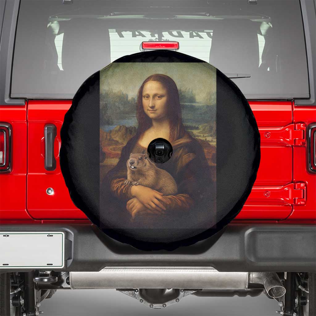 Mona Lisa Holding Groundhog Parody Painting Spare Tire Cover Funny Groundhog Day