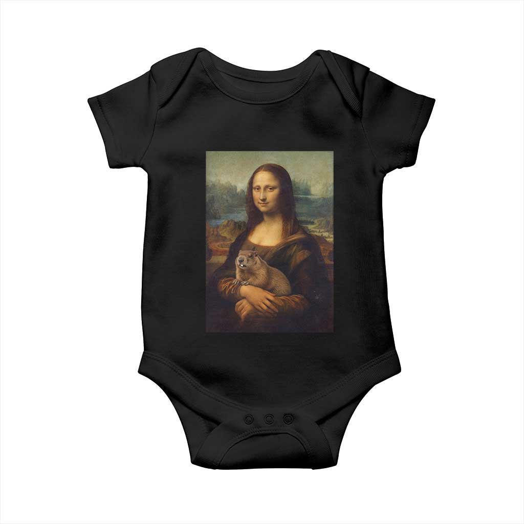 Mona Lisa Holding Groundhog Parody Painting Baby Onesie Funny Groundhog Day