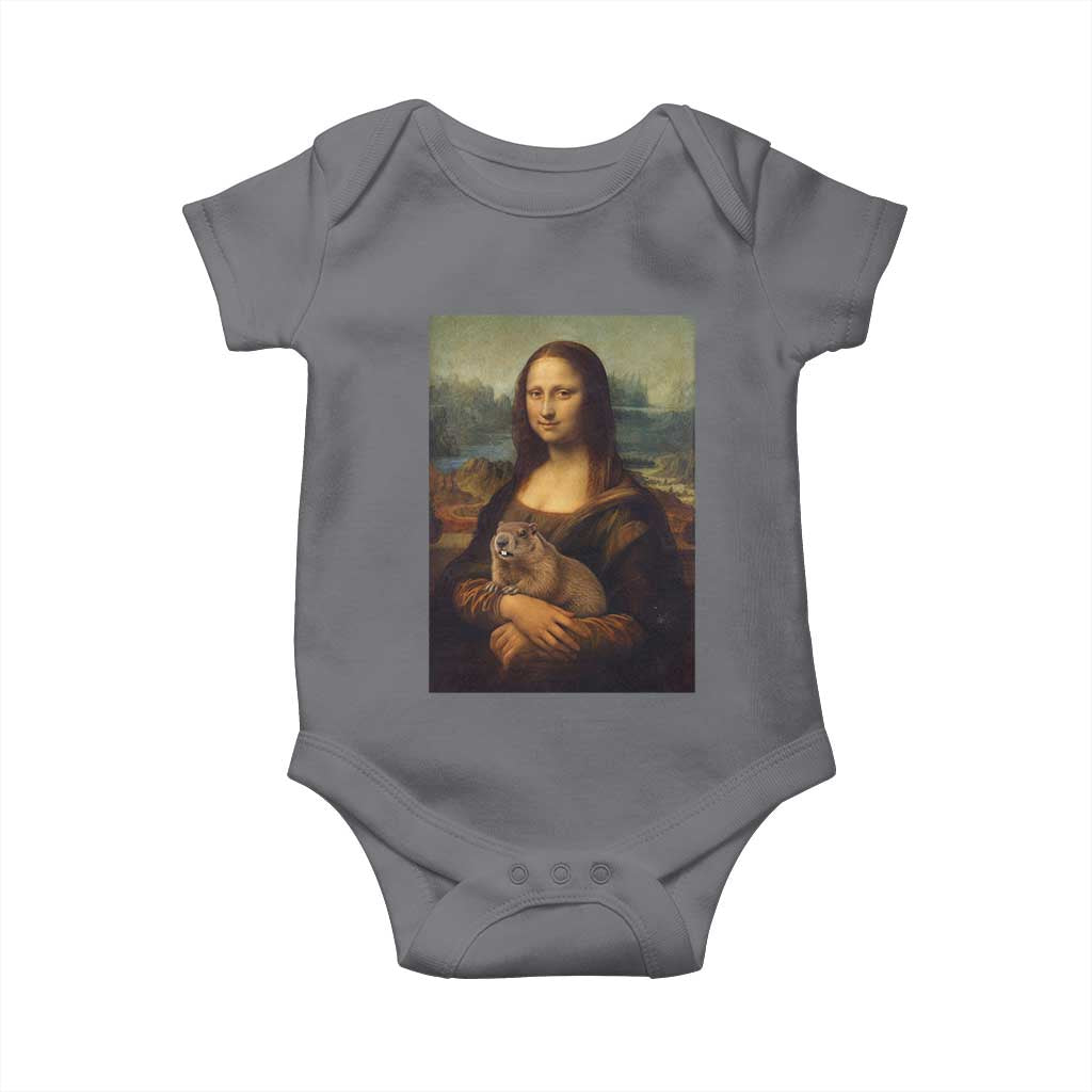 Mona Lisa Holding Groundhog Parody Painting Baby Onesie Funny Groundhog Day
