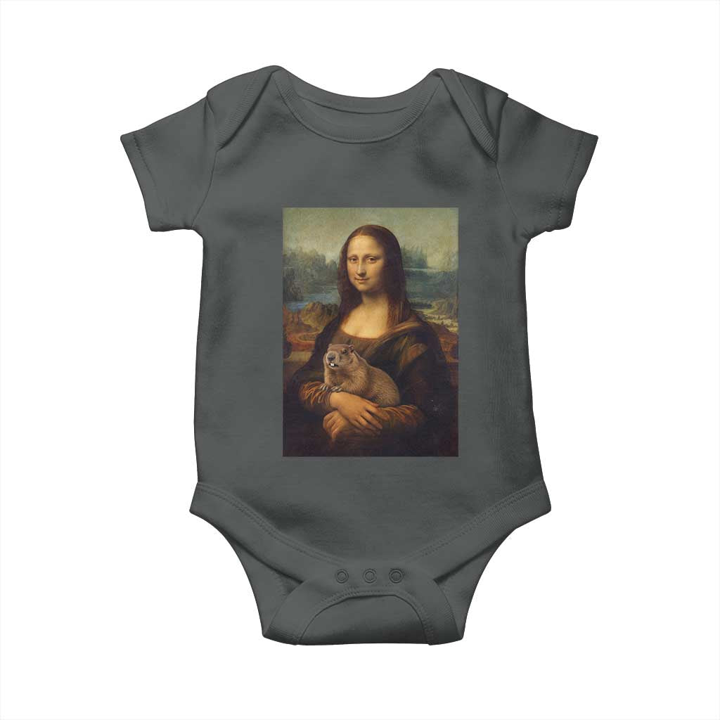 Mona Lisa Holding Groundhog Parody Painting Baby Onesie Funny Groundhog Day