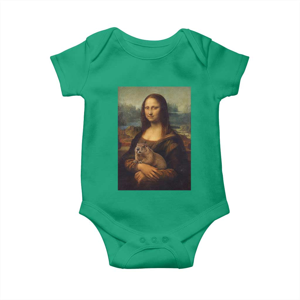 Mona Lisa Holding Groundhog Parody Painting Baby Onesie Funny Groundhog Day