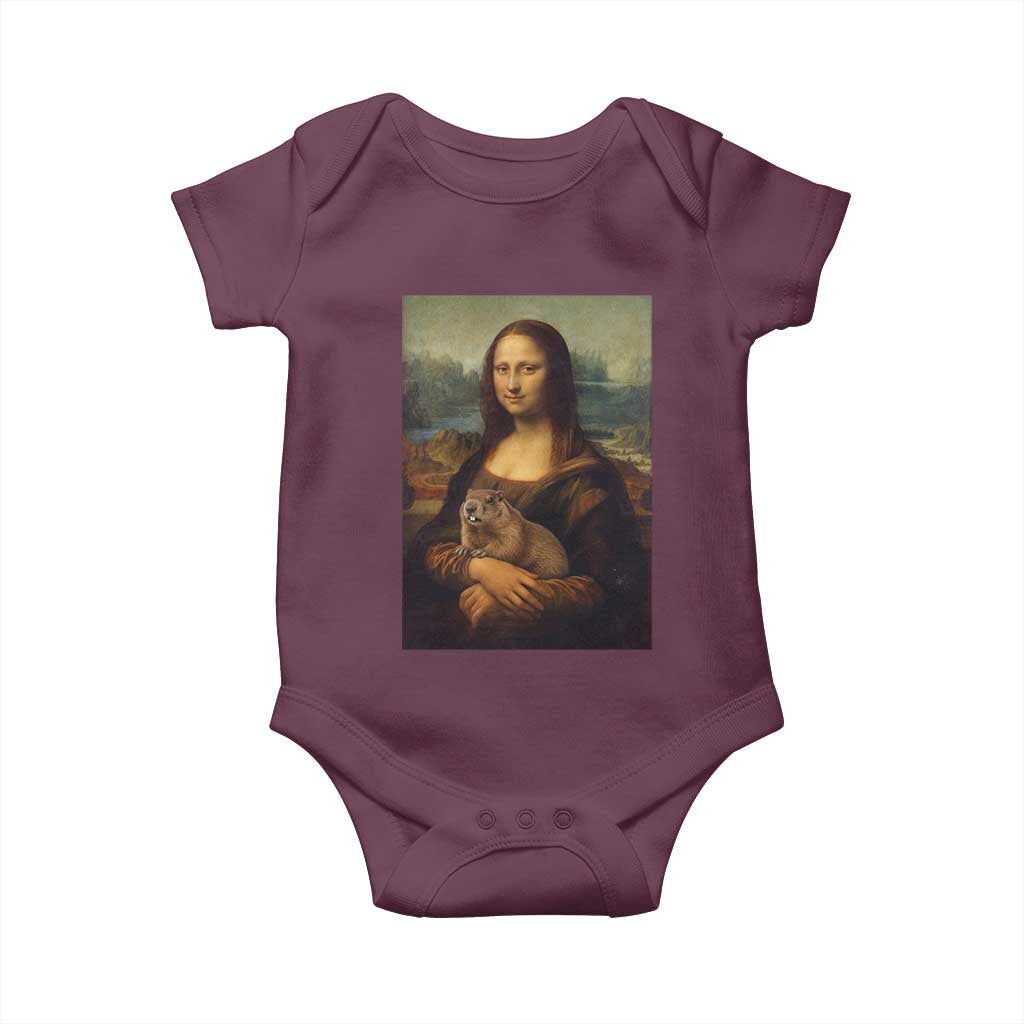 Mona Lisa Holding Groundhog Parody Painting Baby Onesie Funny Groundhog Day