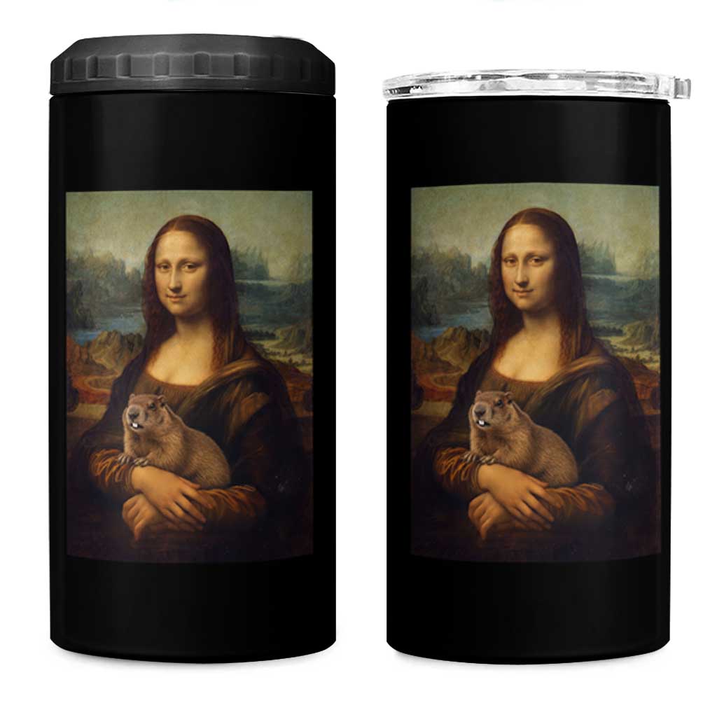 Mona Lisa Holding Groundhog Parody Painting 4 in 1 Can Cooler Tumbler Funny Groundhog Day