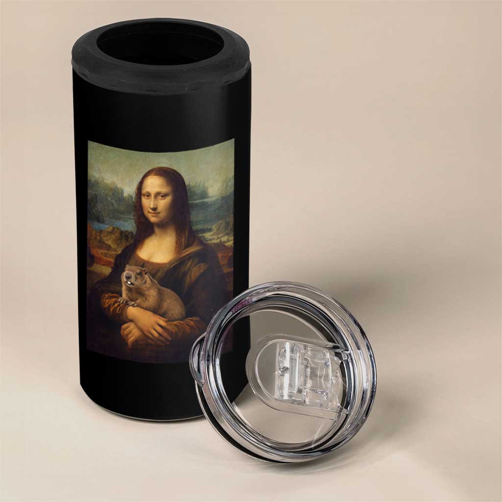 Mona Lisa Holding Groundhog Parody Painting 4 in 1 Can Cooler Tumbler Funny Groundhog Day