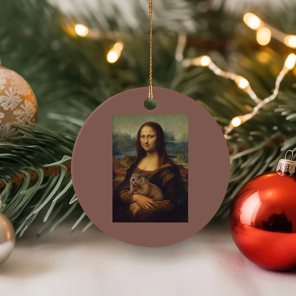 Mona Lisa Holding Groundhog Parody Painting Ceramic Ornament Funny Groundhog Day