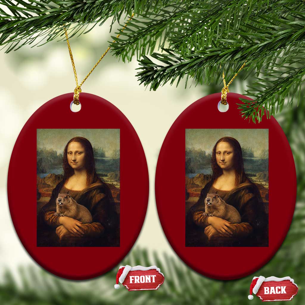Mona Lisa Holding Groundhog Parody Painting Ceramic Ornament Funny Groundhog Day