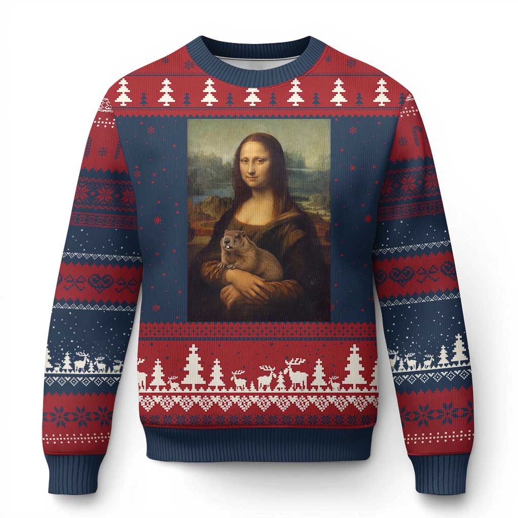 Mona Lisa Holding Groundhog Parody Painting Ugly Christmas Sweater Funny Groundhog Day