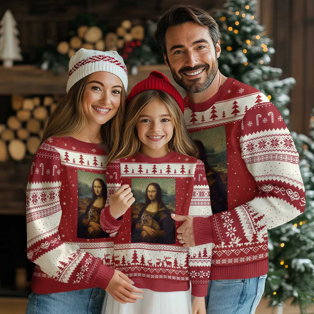 Mona Lisa Holding Groundhog Parody Painting Ugly Christmas Sweater Funny Groundhog Day