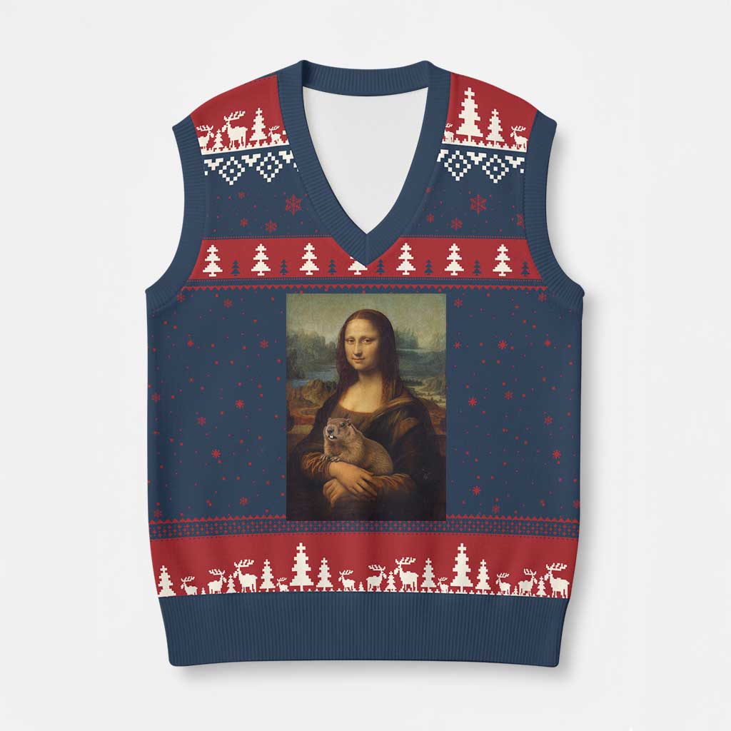 Mona Lisa Holding Groundhog Parody Painting V-Neck Knit Sweater Vest Funny Groundhog Day
