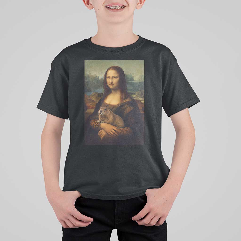 Mona Lisa Holding Groundhog Parody Painting T Shirt For Kid Funny Groundhog Day