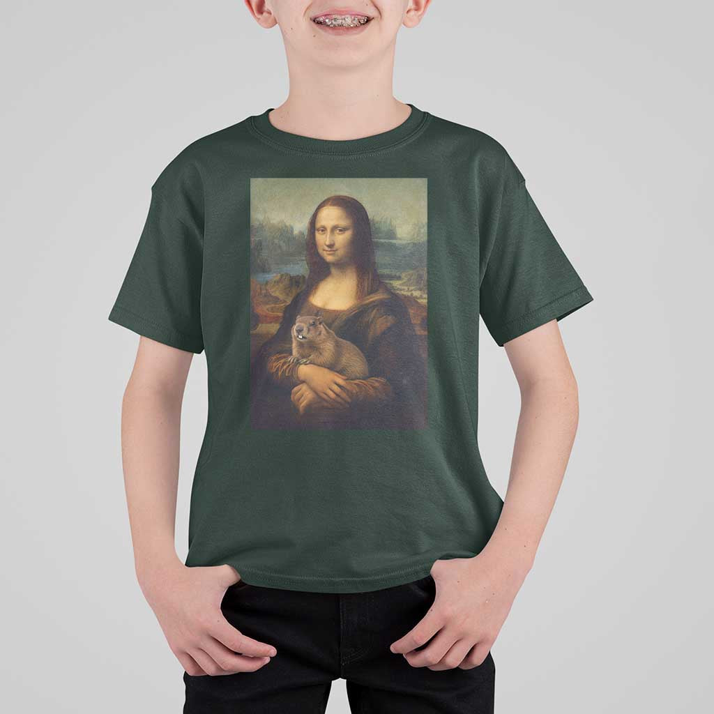 Mona Lisa Holding Groundhog Parody Painting T Shirt For Kid Funny Groundhog Day