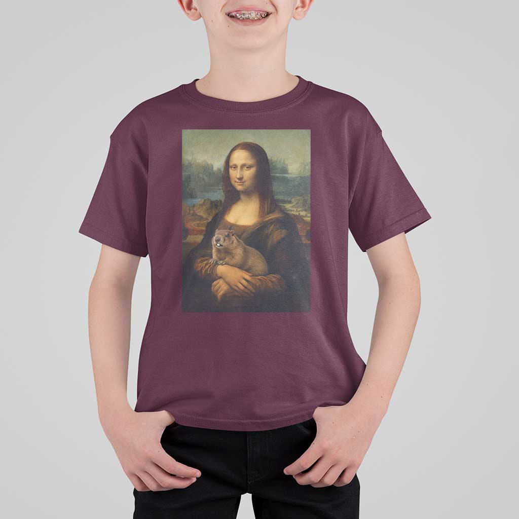 Mona Lisa Holding Groundhog Parody Painting T Shirt For Kid Funny Groundhog Day