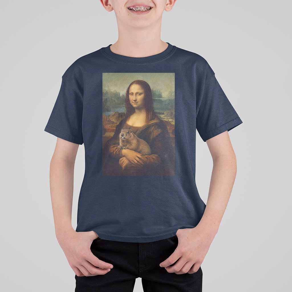 Mona Lisa Holding Groundhog Parody Painting T Shirt For Kid Funny Groundhog Day
