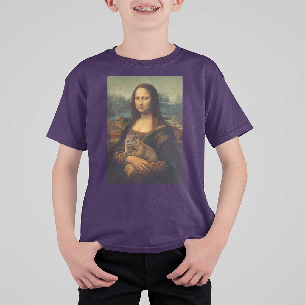Mona Lisa Holding Groundhog Parody Painting T Shirt For Kid Funny Groundhog Day