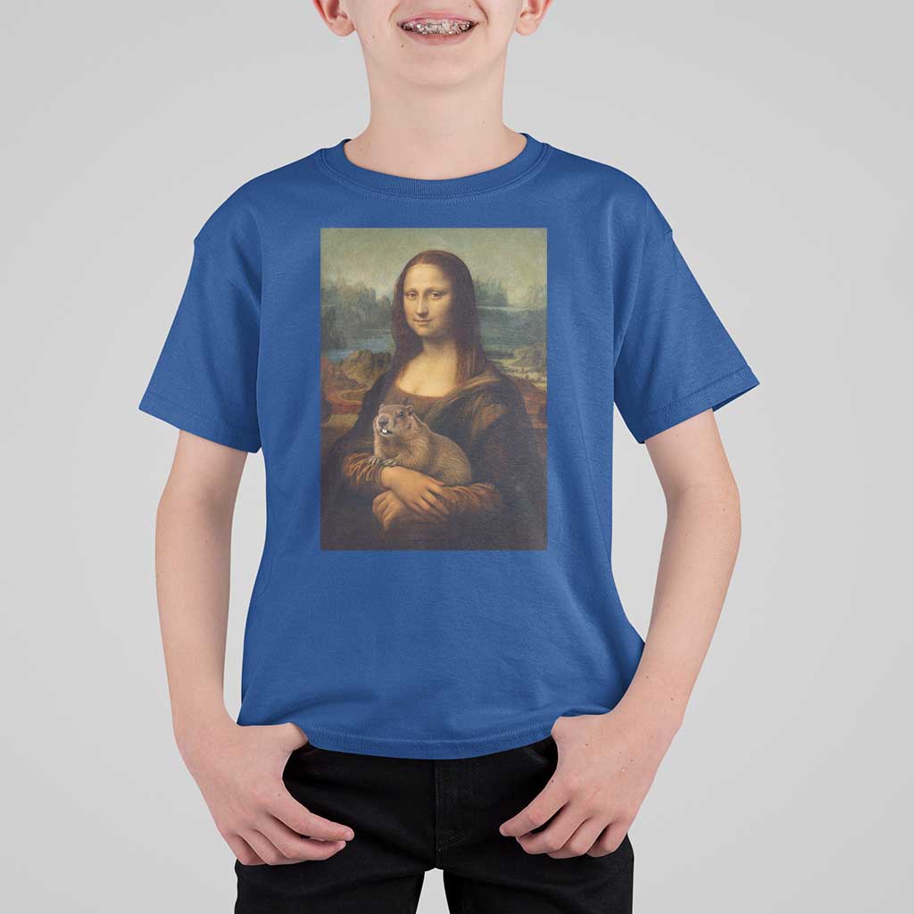 Mona Lisa Holding Groundhog Parody Painting T Shirt For Kid Funny Groundhog Day