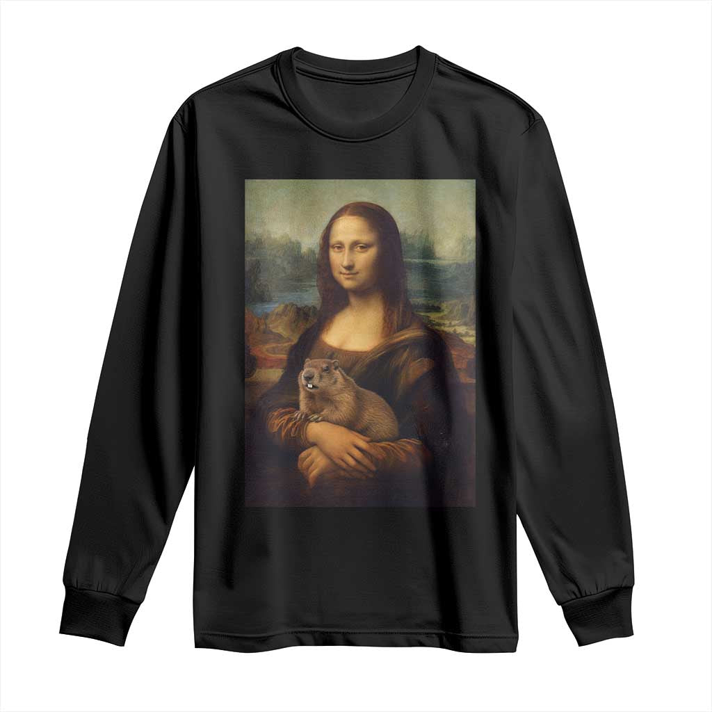 Mona Lisa Holding Groundhog Parody Painting Long Sleeve Shirt Funny Groundhog Day
