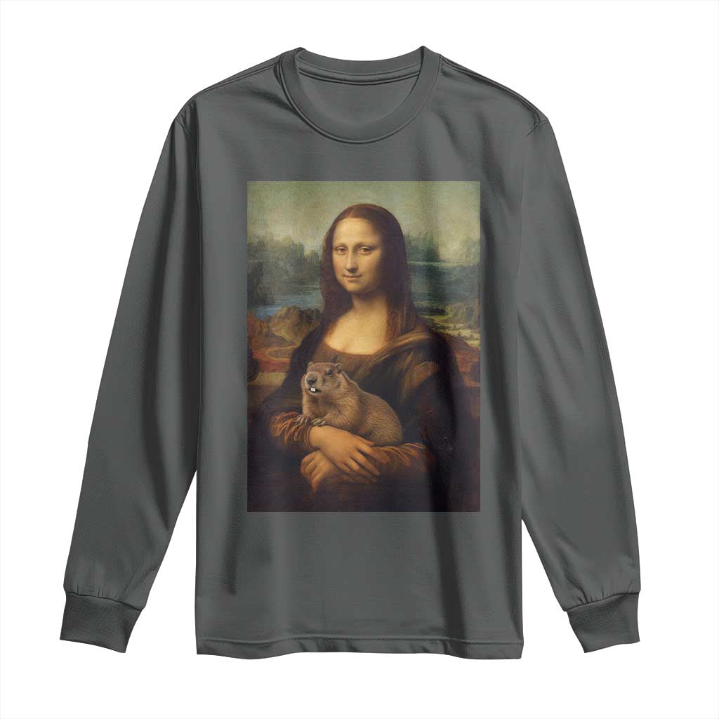 Mona Lisa Holding Groundhog Parody Painting Long Sleeve Shirt Funny Groundhog Day