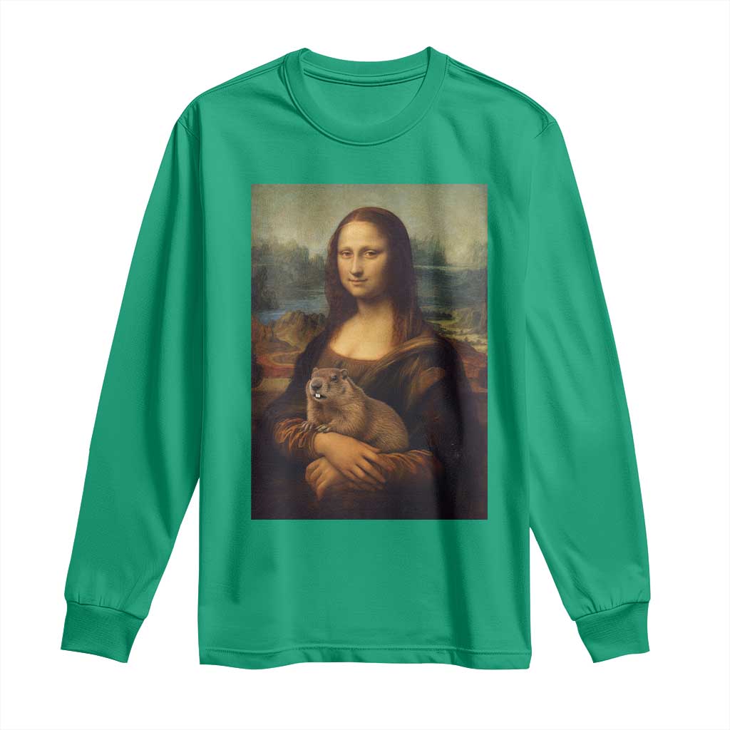 Mona Lisa Holding Groundhog Parody Painting Long Sleeve Shirt Funny Groundhog Day
