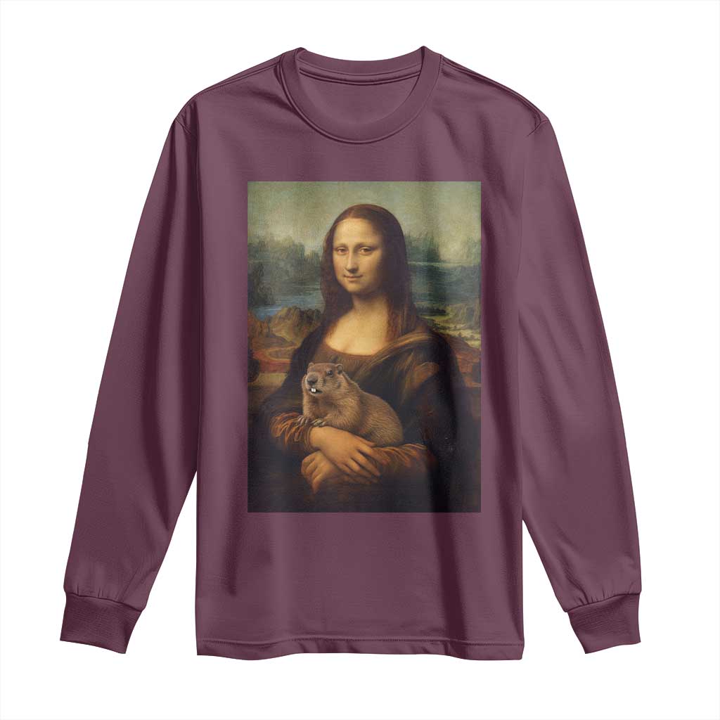 Mona Lisa Holding Groundhog Parody Painting Long Sleeve Shirt Funny Groundhog Day