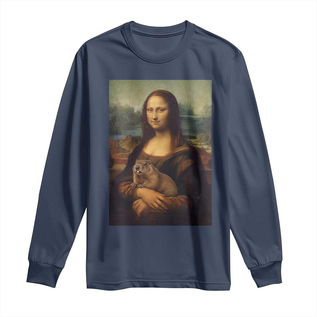 Mona Lisa Holding Groundhog Parody Painting Long Sleeve Shirt Funny Groundhog Day