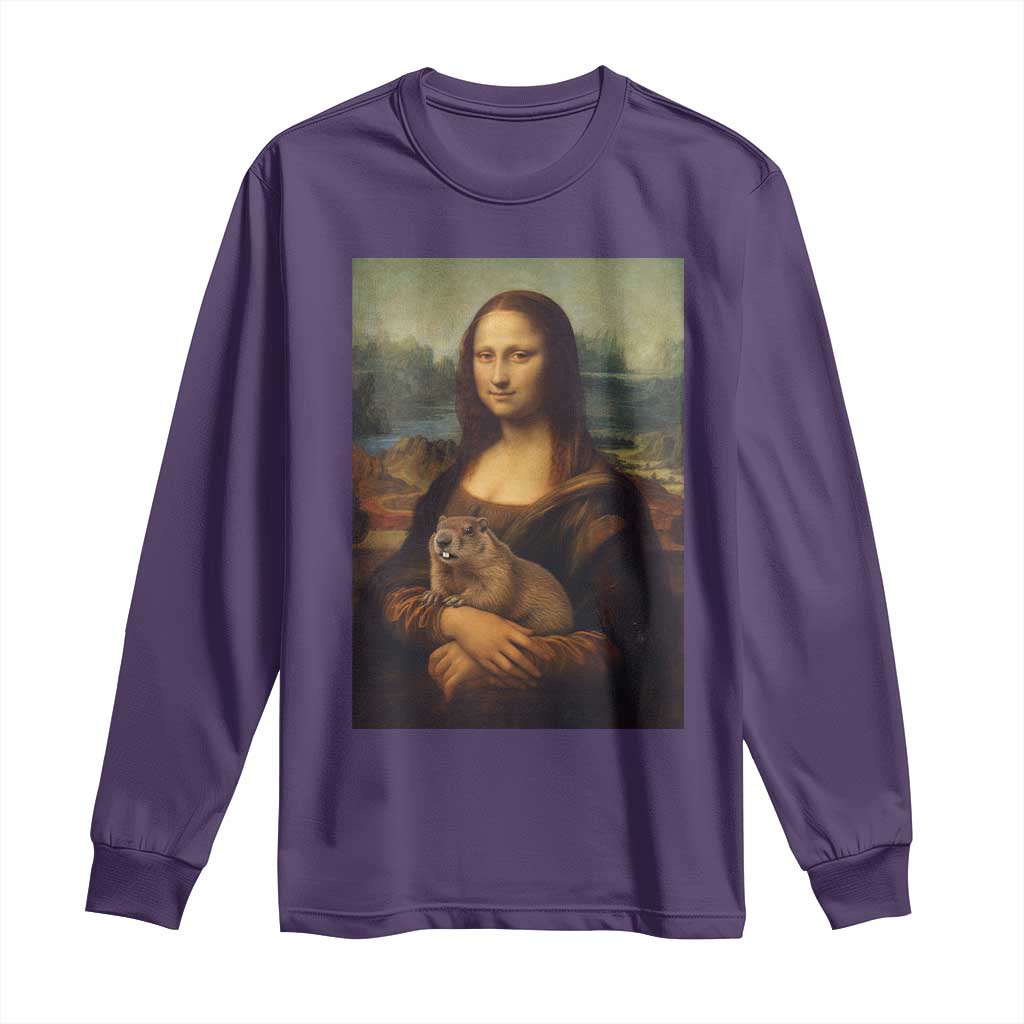 Mona Lisa Holding Groundhog Parody Painting Long Sleeve Shirt Funny Groundhog Day