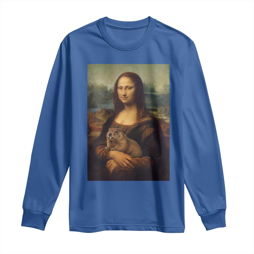 Mona Lisa Holding Groundhog Parody Painting Long Sleeve Shirt Funny Groundhog Day