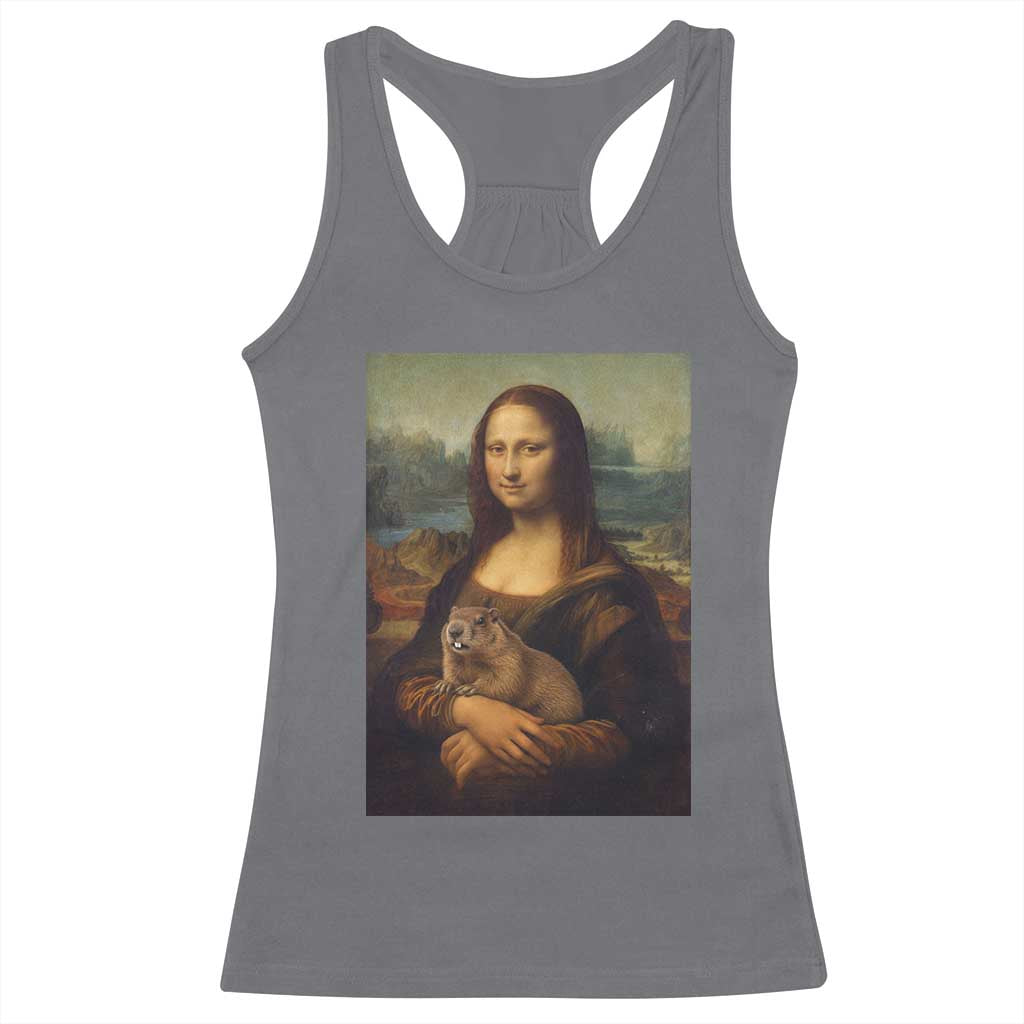 Mona Lisa Holding Groundhog Parody Painting Racerback Tank Top Funny Groundhog Day