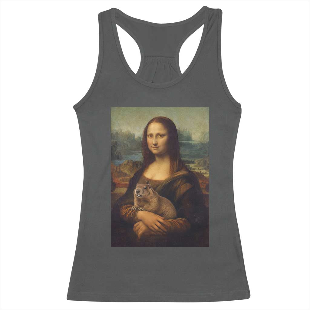 Mona Lisa Holding Groundhog Parody Painting Racerback Tank Top Funny Groundhog Day