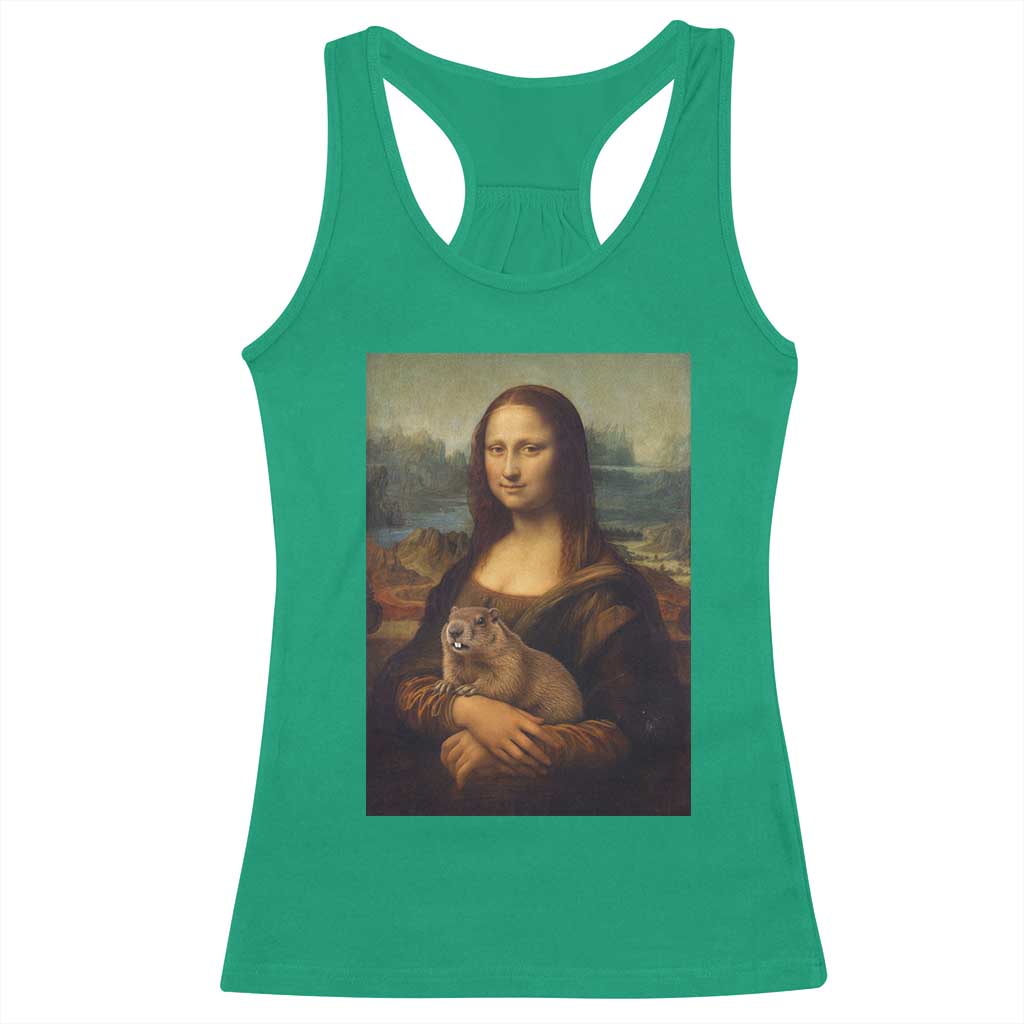 Mona Lisa Holding Groundhog Parody Painting Racerback Tank Top Funny Groundhog Day