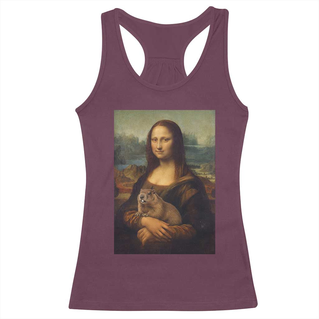 Mona Lisa Holding Groundhog Parody Painting Racerback Tank Top Funny Groundhog Day