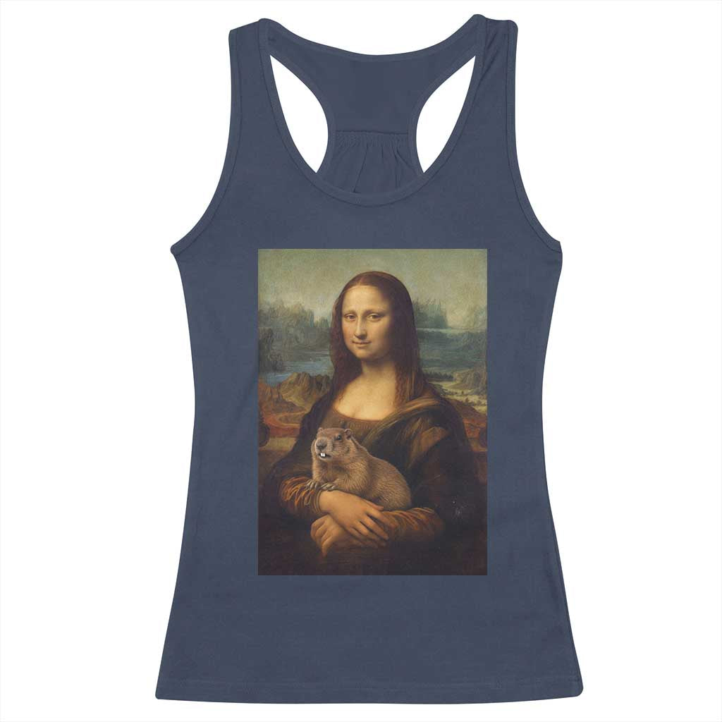 Mona Lisa Holding Groundhog Parody Painting Racerback Tank Top Funny Groundhog Day