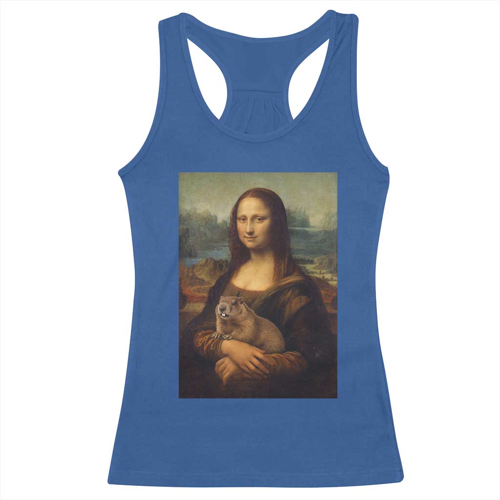 Mona Lisa Holding Groundhog Parody Painting Racerback Tank Top Funny Groundhog Day