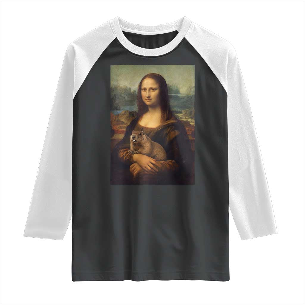 Mona Lisa Holding Groundhog Parody Painting Raglan Shirt Funny Groundhog Day