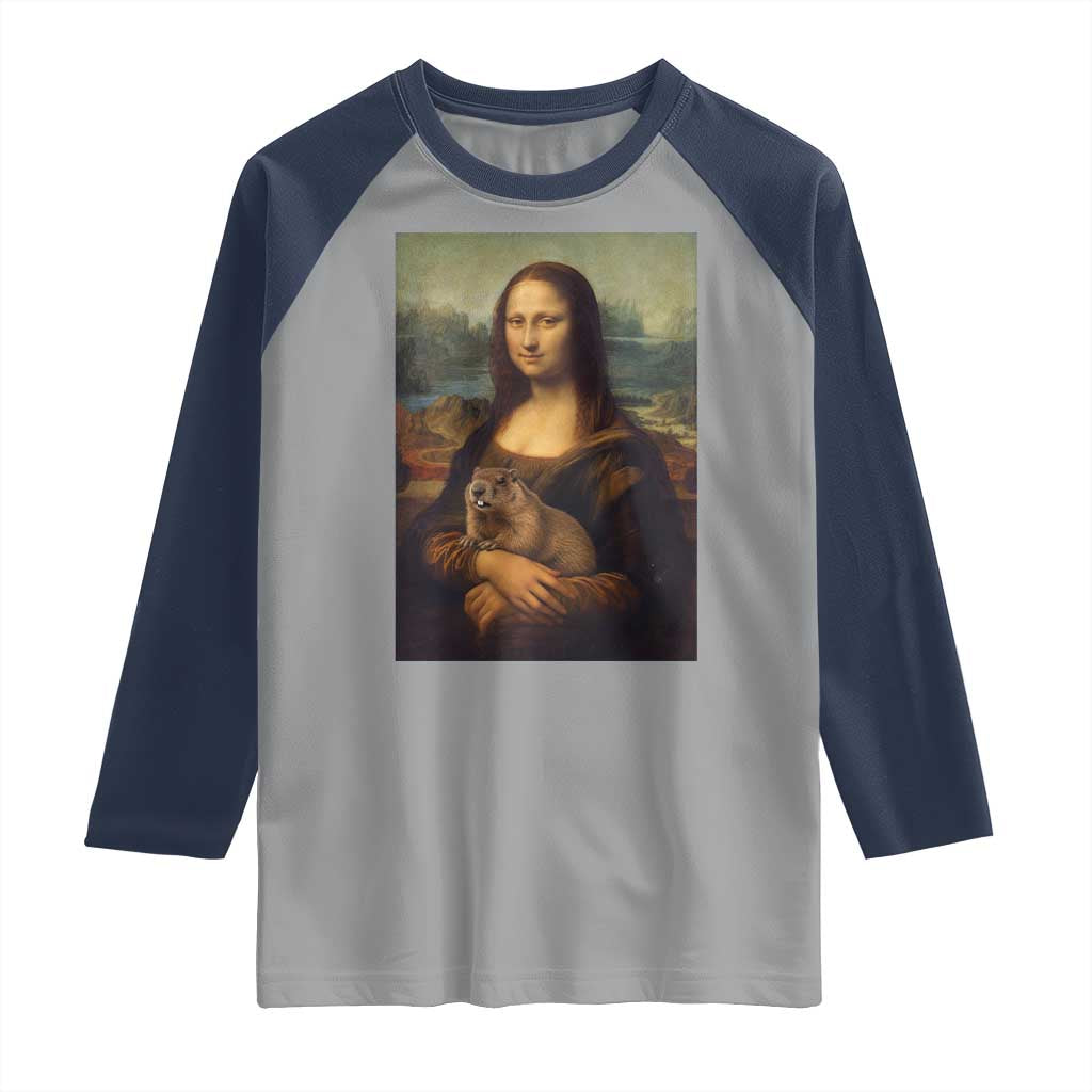 Mona Lisa Holding Groundhog Parody Painting Raglan Shirt Funny Groundhog Day