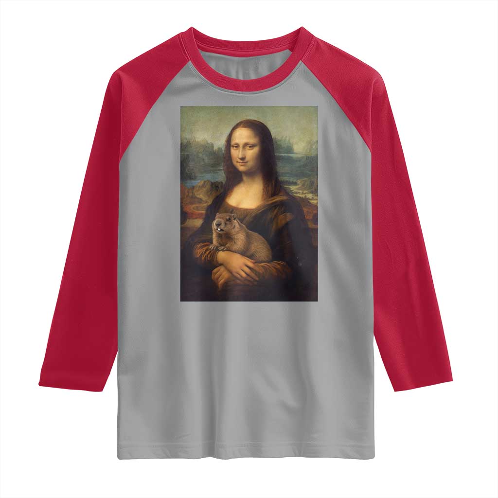 Mona Lisa Holding Groundhog Parody Painting Raglan Shirt Funny Groundhog Day