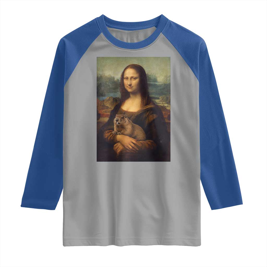 Mona Lisa Holding Groundhog Parody Painting Raglan Shirt Funny Groundhog Day
