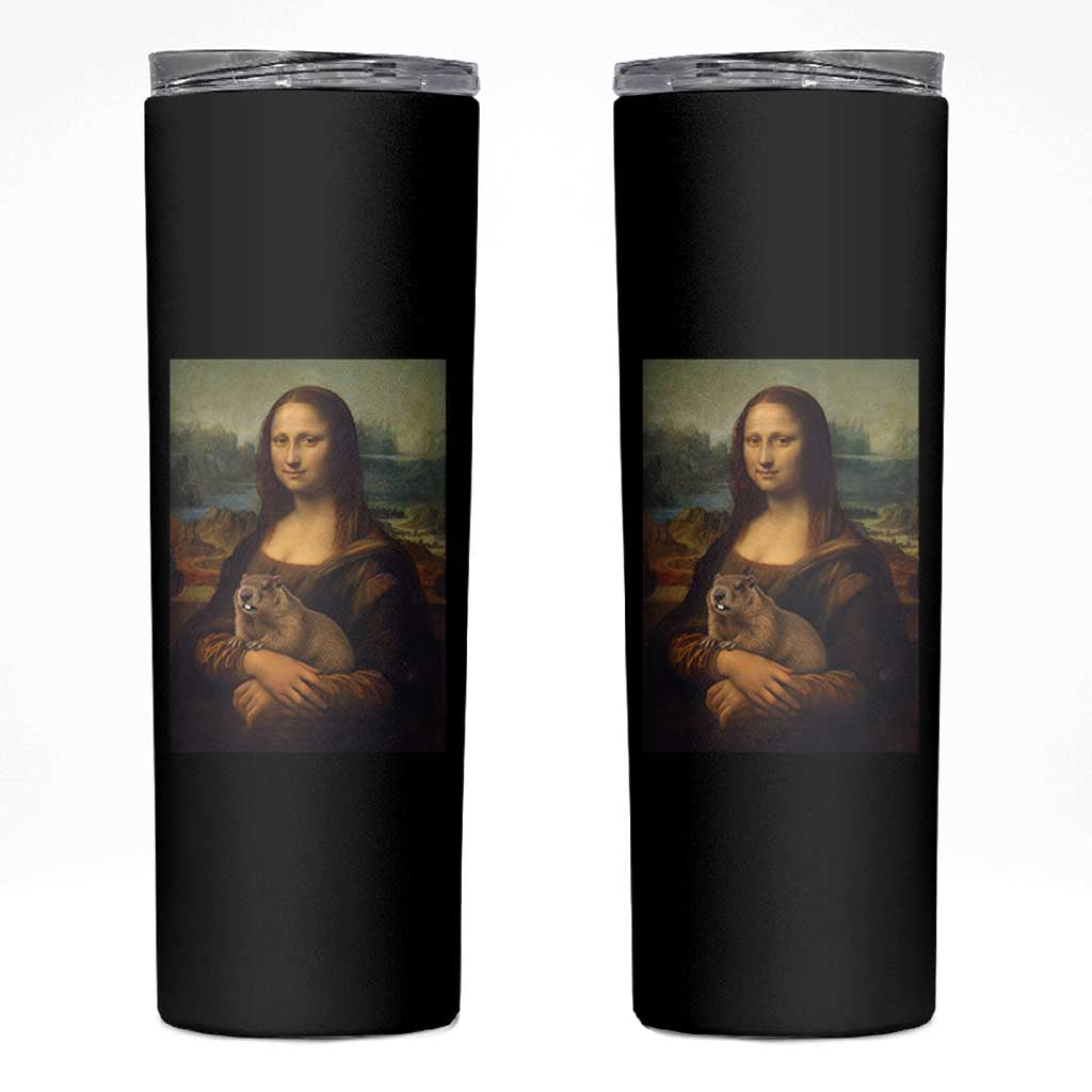 Mona Lisa Holding Groundhog Parody Painting Skinny Tumbler Funny Groundhog Day